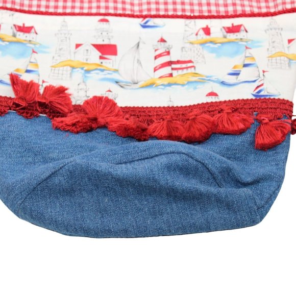 Handcrafted Handsewn Lighthouse Plaid Denim Embellished Lined Shoulder Purse Bag - Picture 5 of 16